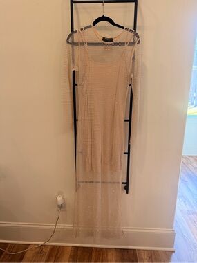Beige Sheer Rhinestone Mesh Maxi Dress
